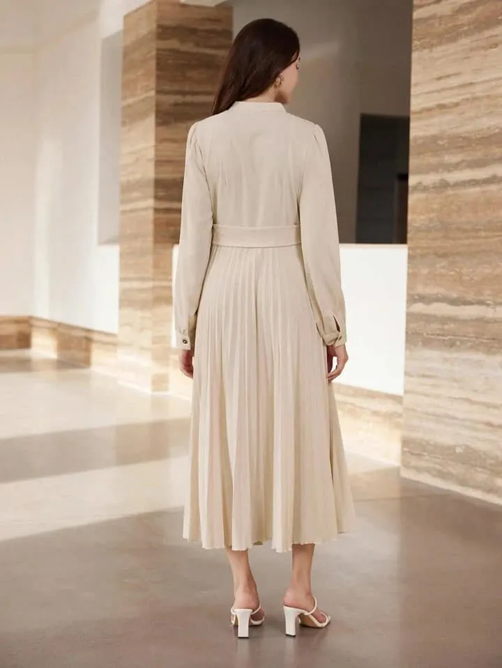 CM-DS475085 Women Elegant Seoul Style Hollow Collar Lantern Sleeve Pleated Asymmetric Long Dress