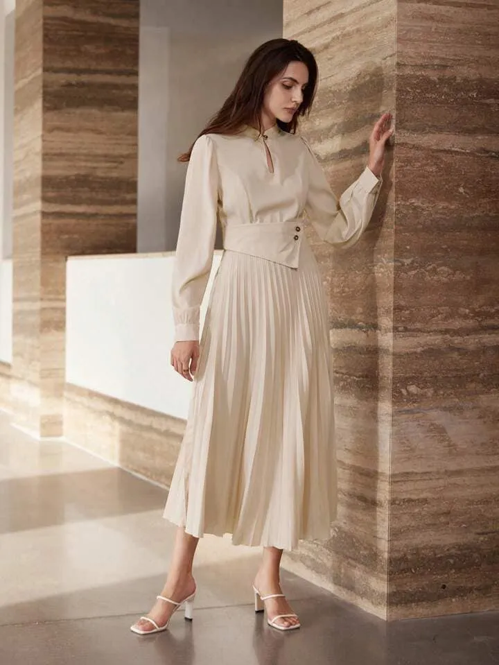 CM-DS475085 Women Elegant Seoul Style Hollow Collar Lantern Sleeve Pleated Asymmetric Long Dress