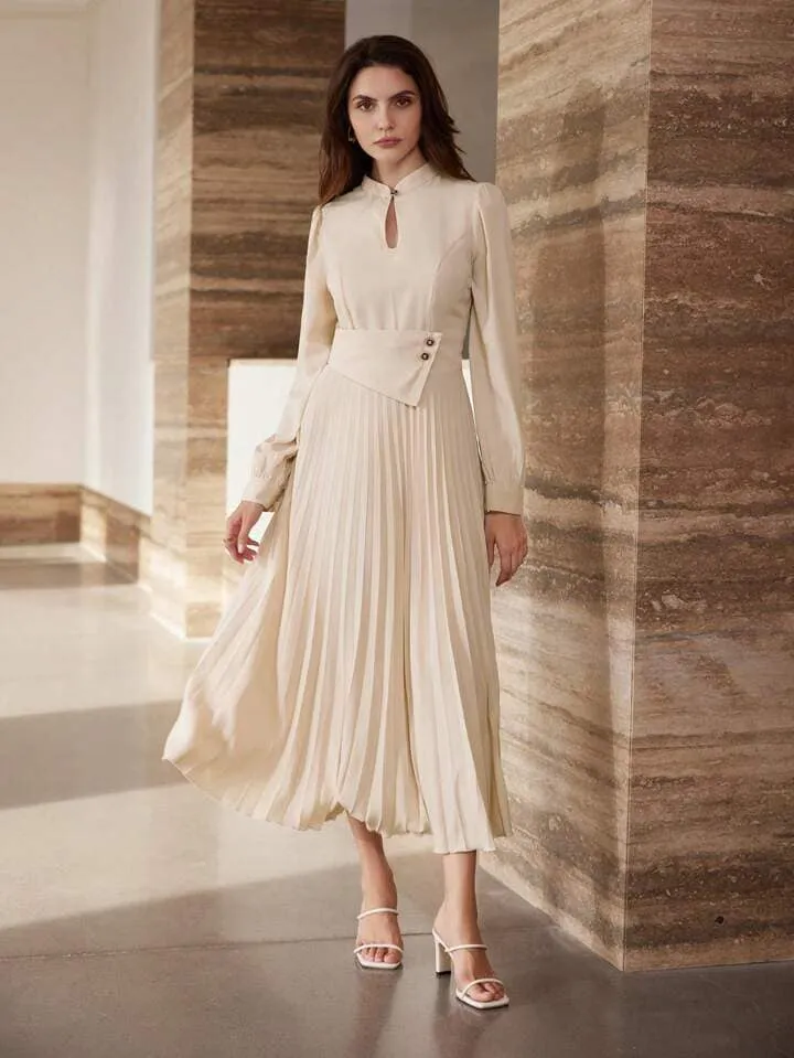 CM-DS475085 Women Elegant Seoul Style Hollow Collar Lantern Sleeve Pleated Asymmetric Long Dress