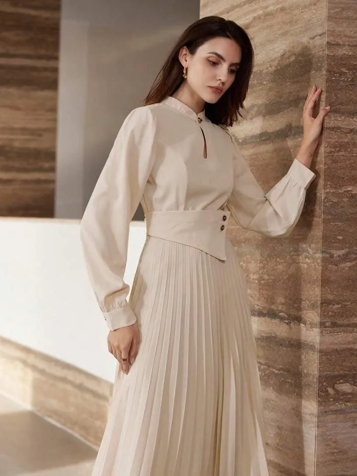 CM-DS475085 Women Elegant Seoul Style Hollow Collar Lantern Sleeve Pleated Asymmetric Long Dress