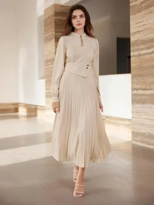 CM-DS475085 Women Elegant Seoul Style Hollow Collar Lantern Sleeve Pleated Asymmetric Long Dress