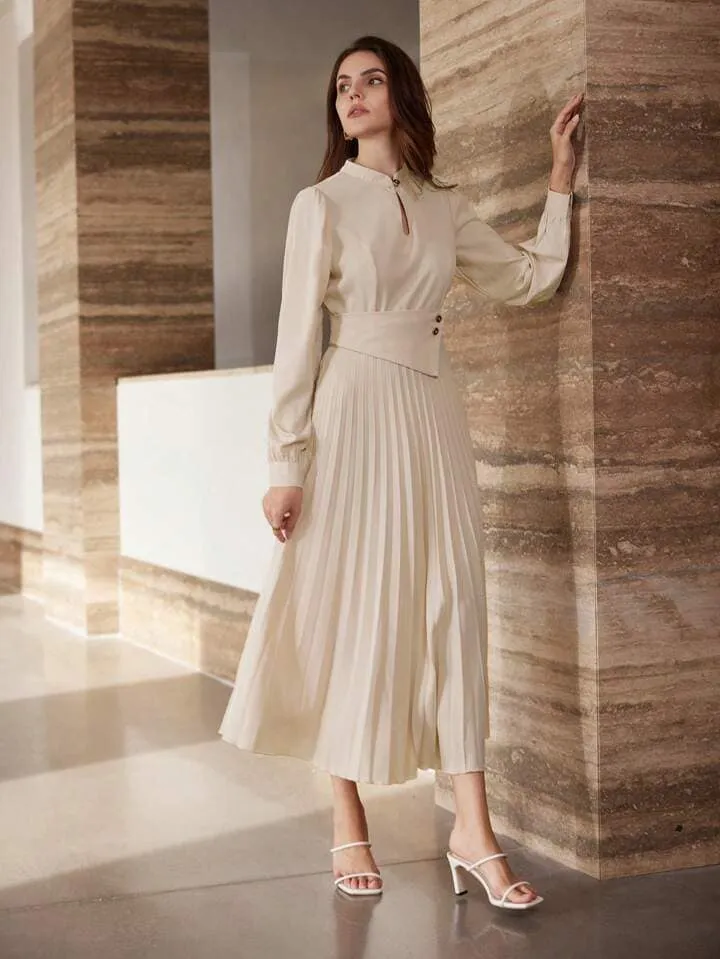 CM-DS475085 Women Elegant Seoul Style Hollow Collar Lantern Sleeve Pleated Asymmetric Long Dress