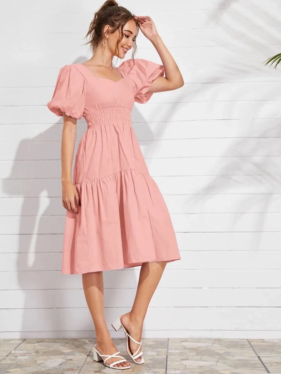 CM-DS528832 Women Trendy Seoul Style Bishop Sleeve Shirred Waist Solid Midi Dress - Pink