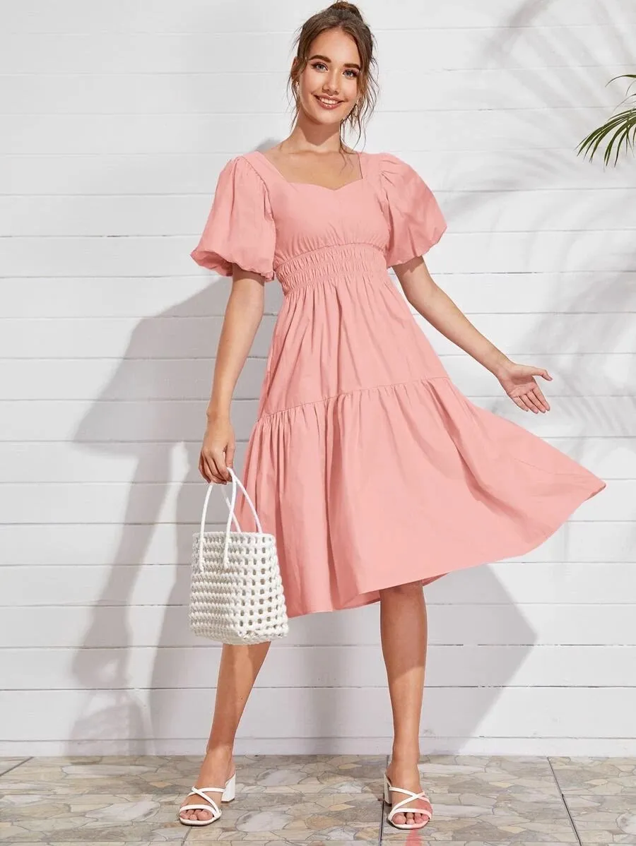 CM-DS528832 Women Trendy Seoul Style Bishop Sleeve Shirred Waist Solid Midi Dress - Pink