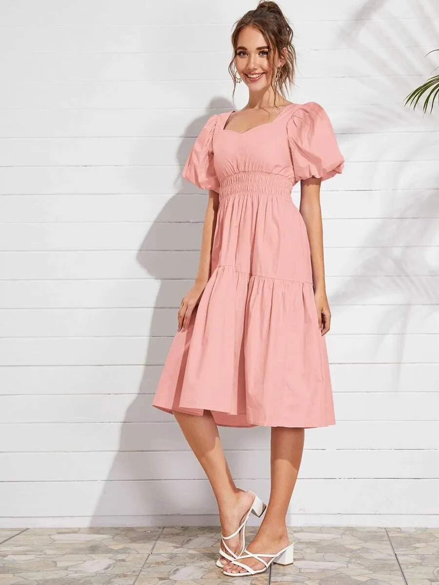 CM-DS528832 Women Trendy Seoul Style Bishop Sleeve Shirred Waist Solid Midi Dress - Pink