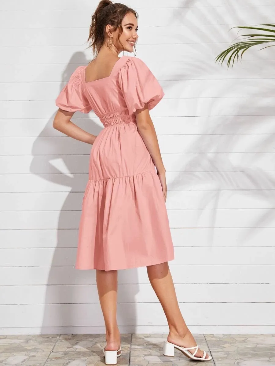 CM-DS528832 Women Trendy Seoul Style Bishop Sleeve Shirred Waist Solid Midi Dress - Pink