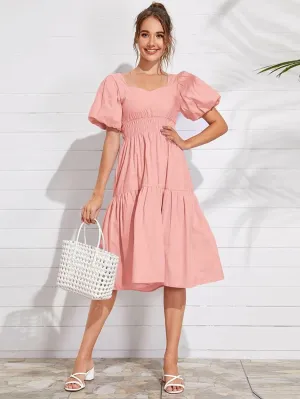 CM-DS528832 Women Trendy Seoul Style Bishop Sleeve Shirred Waist Solid Midi Dress - Pink