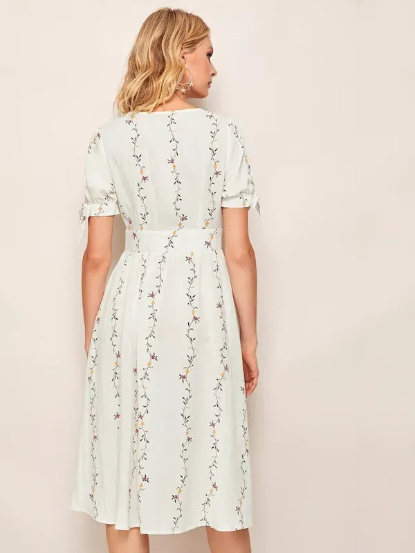 CM-DS719045 Women Casual Seoul Style Ditsy Floral V-Neck Button Front Knot Cuff Dress - Beige
