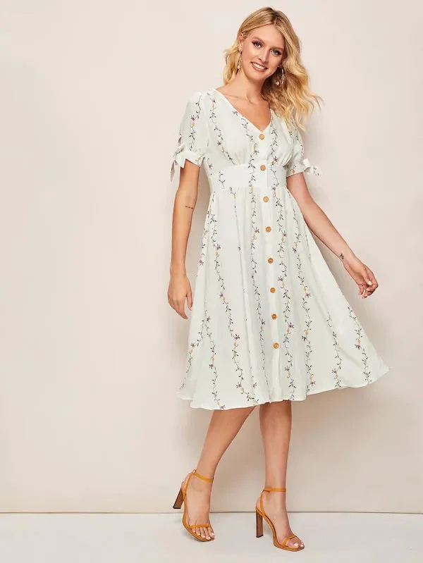 CM-DS719045 Women Casual Seoul Style Ditsy Floral V-Neck Button Front Knot Cuff Dress - Beige