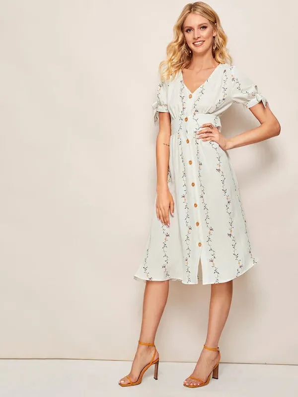CM-DS719045 Women Casual Seoul Style Ditsy Floral V-Neck Button Front Knot Cuff Dress - Beige