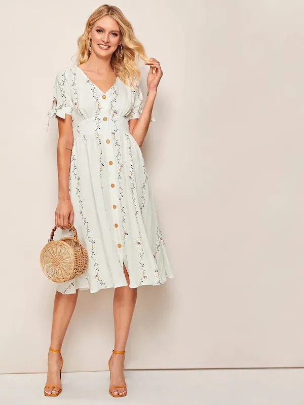 CM-DS719045 Women Casual Seoul Style Ditsy Floral V-Neck Button Front Knot Cuff Dress - Beige