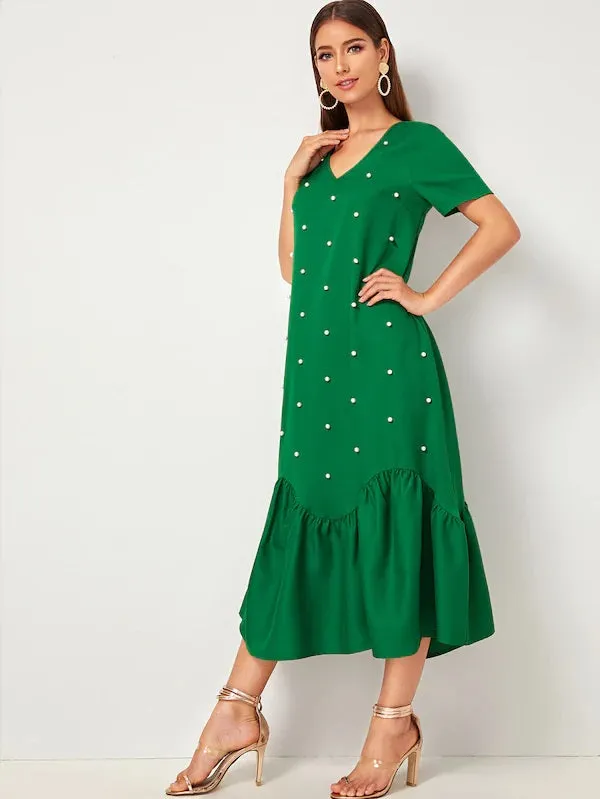 CM-DS722852 Women Casual Seoul Style Short Sleeve Pearl Beaded Ruffle Hem Dress - Green