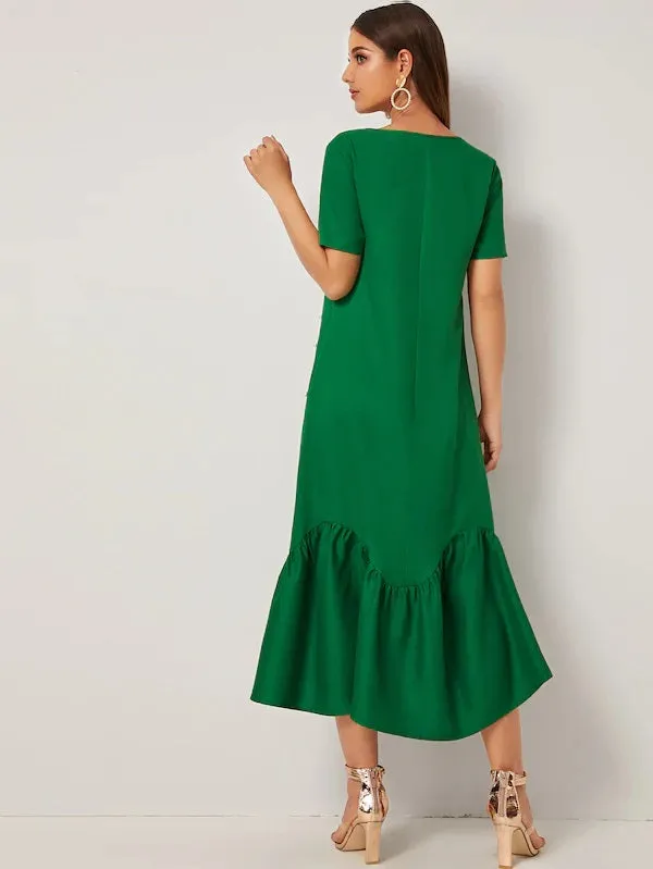 CM-DS722852 Women Casual Seoul Style Short Sleeve Pearl Beaded Ruffle Hem Dress - Green