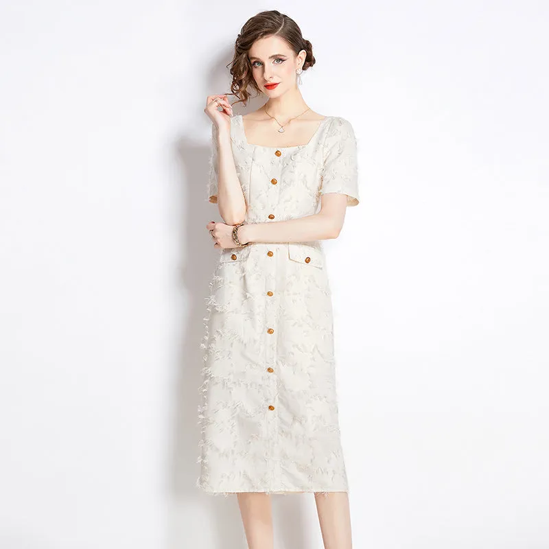 CM-DY009886 Women Elegant European Style Tassels Square Collar Short Sleeve Dress - Apricot