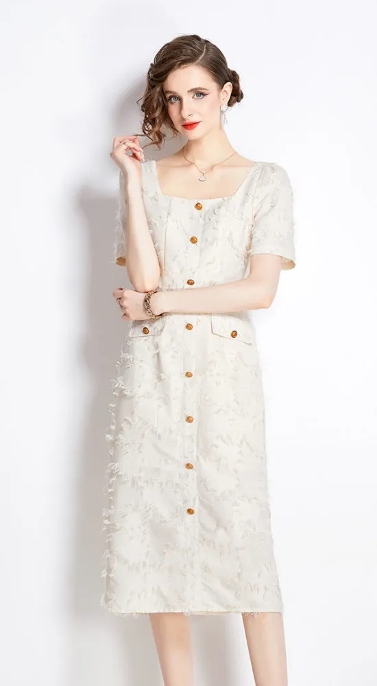 CM-DY009886 Women Elegant European Style Tassels Square Collar Short Sleeve Dress - Apricot