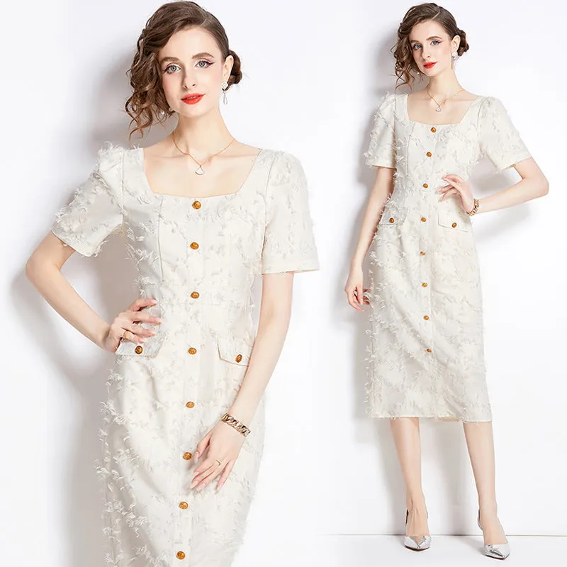 CM-DY009886 Women Elegant European Style Tassels Square Collar Short Sleeve Dress - Apricot