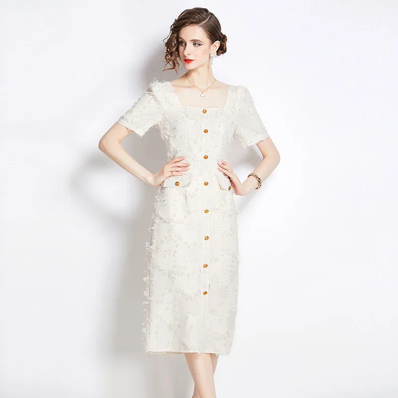 CM-DY009886 Women Elegant European Style Tassels Square Collar Short Sleeve Dress - Apricot