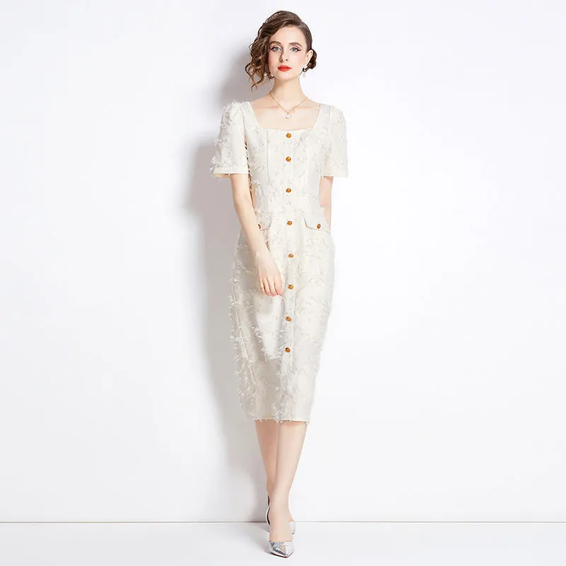 CM-DY009886 Women Elegant European Style Tassels Square Collar Short Sleeve Dress - Apricot