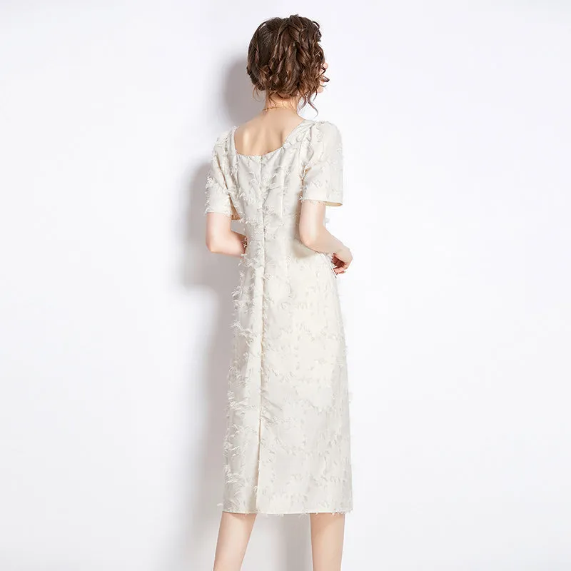 CM-DY009886 Women Elegant European Style Tassels Square Collar Short Sleeve Dress - Apricot