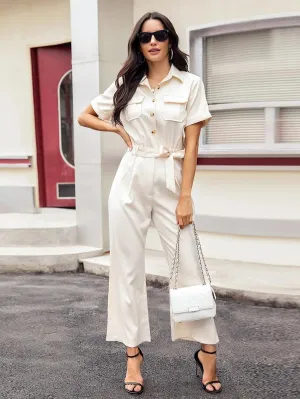 CM-JS609805 Women Casual Seoul Style Short Sleeve Button Front Belted Utility Jumpsuit - Beige