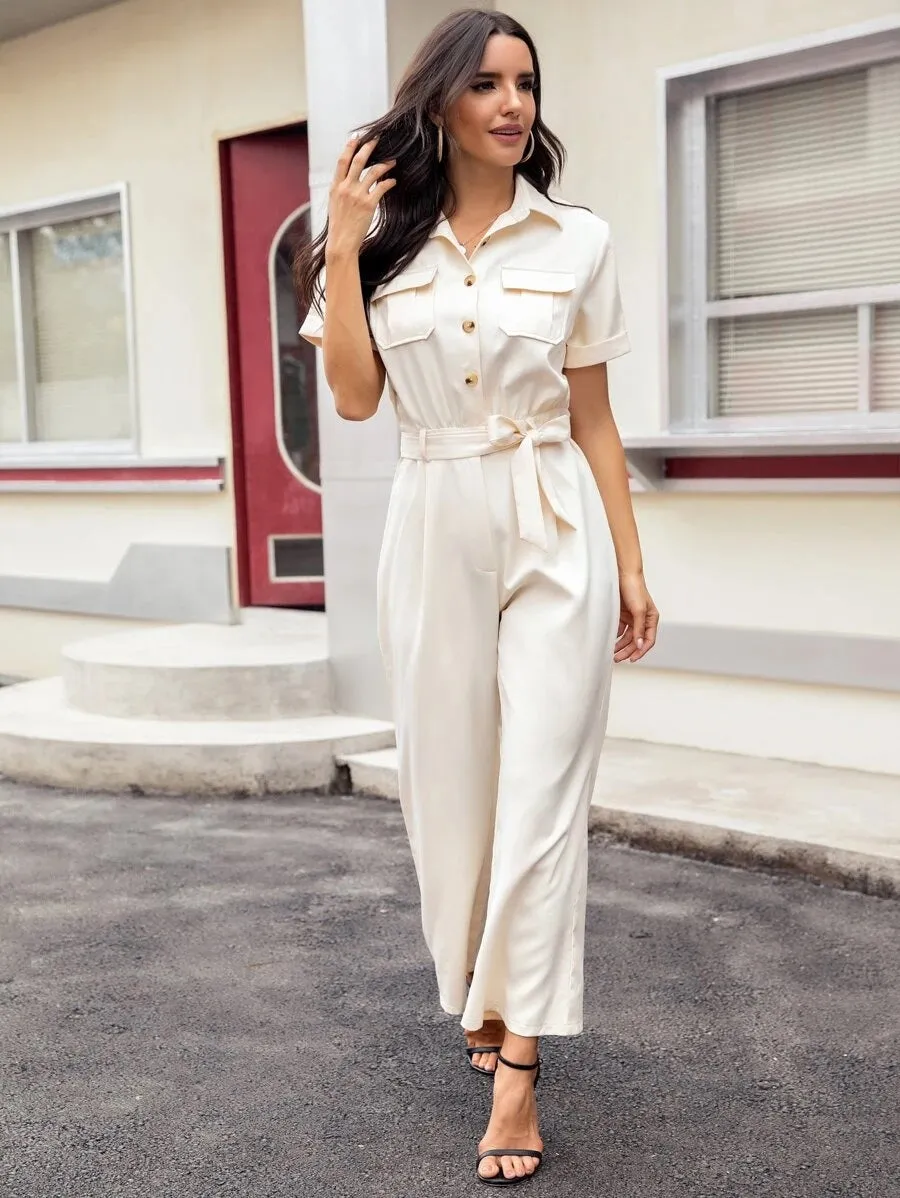 CM-JS609805 Women Casual Seoul Style Short Sleeve Button Front Belted Utility Jumpsuit - Beige