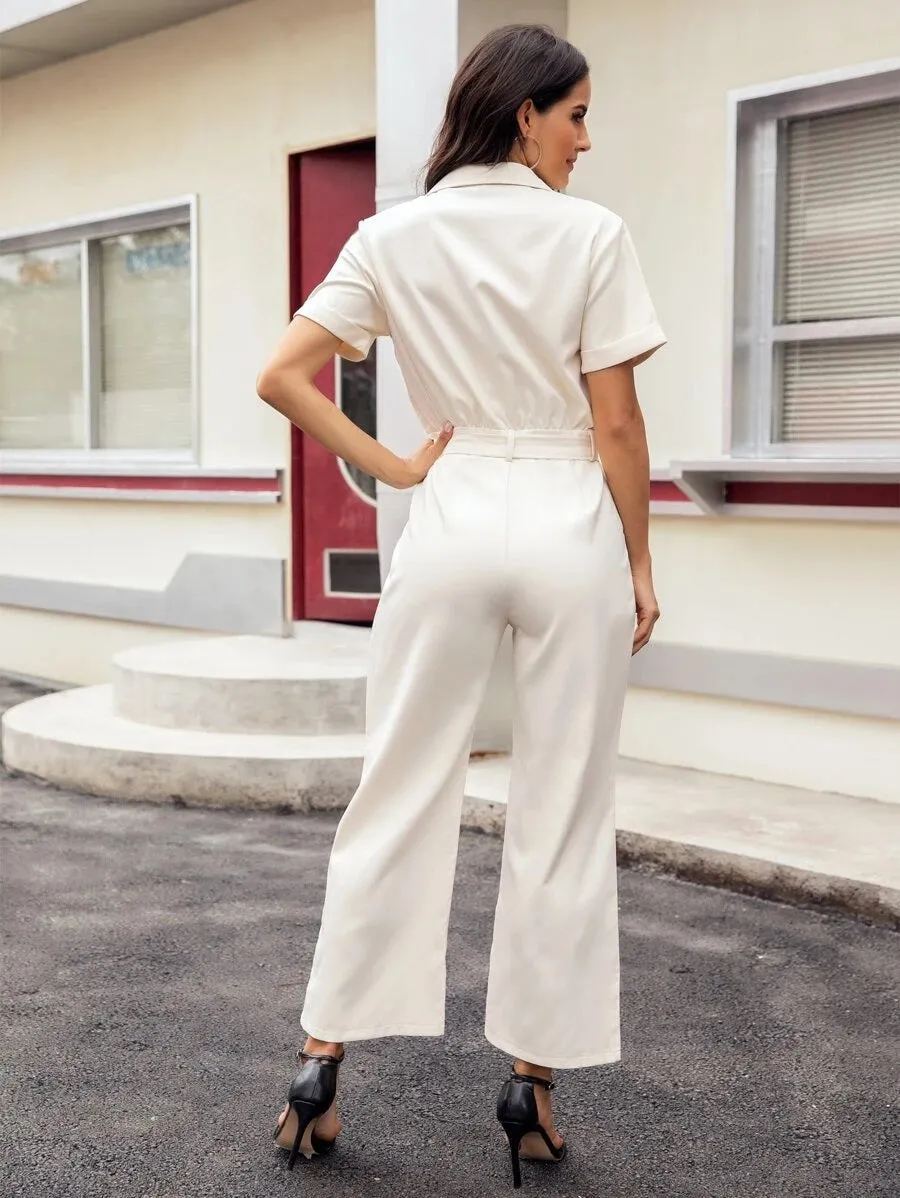 CM-JS609805 Women Casual Seoul Style Short Sleeve Button Front Belted Utility Jumpsuit - Beige