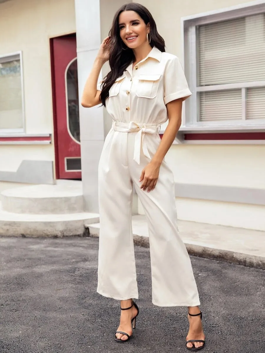 CM-JS609805 Women Casual Seoul Style Short Sleeve Button Front Belted Utility Jumpsuit - Beige