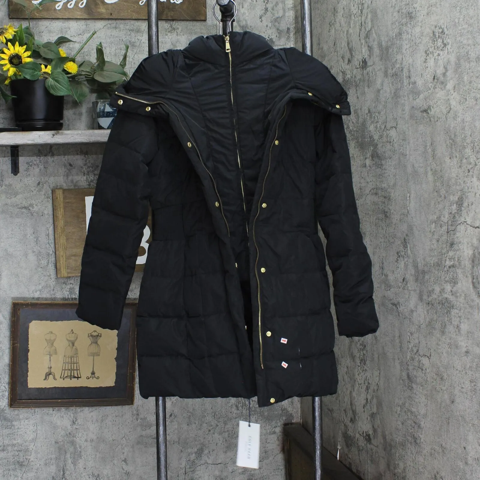 Cole Haan Womens Taffeta With Bib Down Alternative Outerwear Coat Deep Black XS