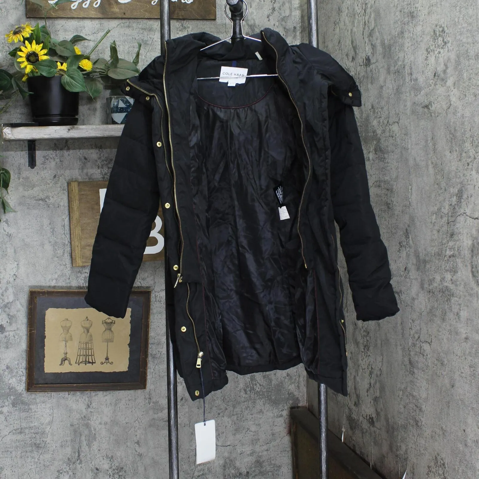 Cole Haan Womens Taffeta With Bib Down Alternative Outerwear Coat Deep Black XS