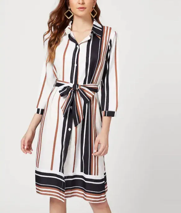 Colorful Striped Cropped Sleeves Shirt Collar Dress