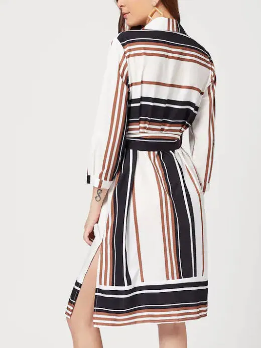 Colorful Striped Cropped Sleeves Shirt Collar Dress