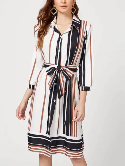 Colorful Striped Cropped Sleeves Shirt Collar Dress