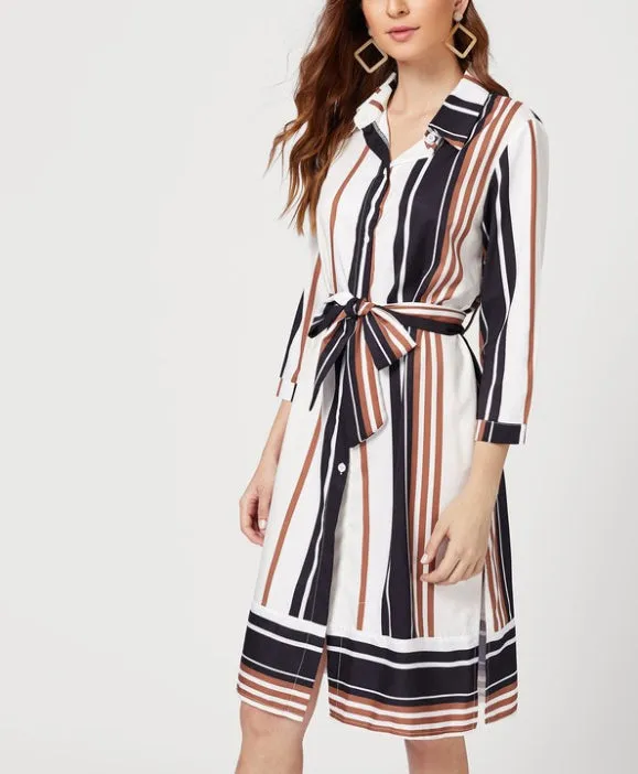 Colorful Striped Cropped Sleeves Shirt Collar Dress