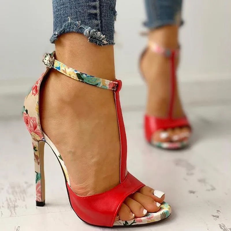 Contrast Color Floral Splicing Ankle Strap Heeled Sandals
