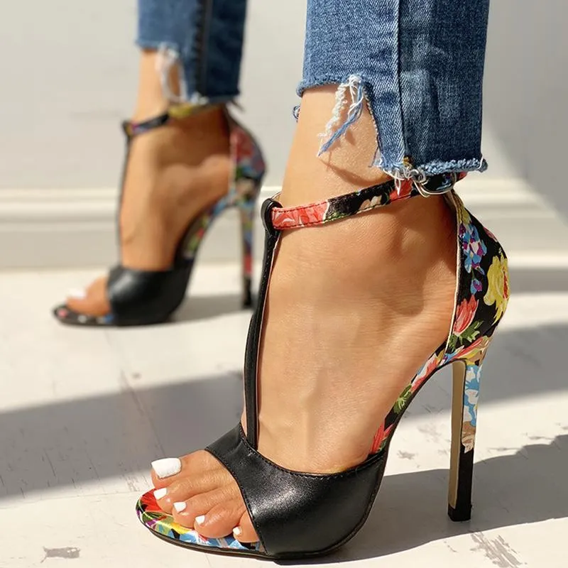 Contrast Color Floral Splicing Ankle Strap Heeled Sandals