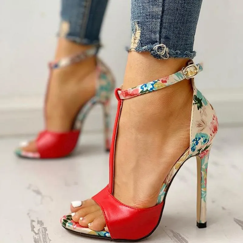 Contrast Color Floral Splicing Ankle Strap Heeled Sandals