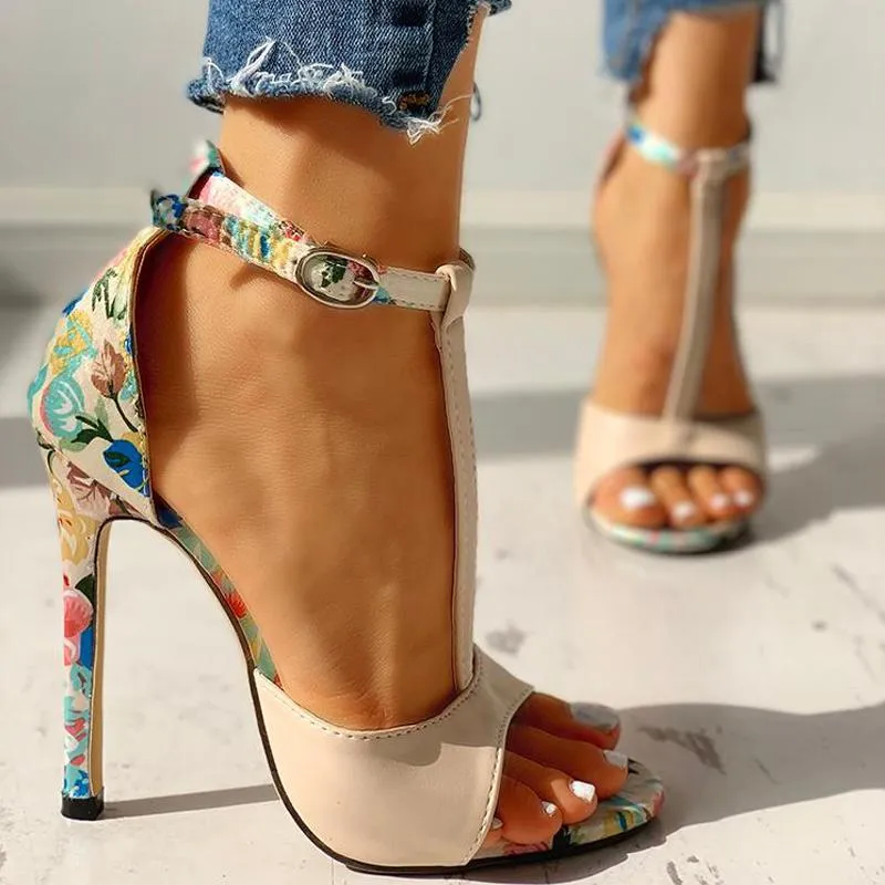 Contrast Color Floral Splicing Ankle Strap Heeled Sandals
