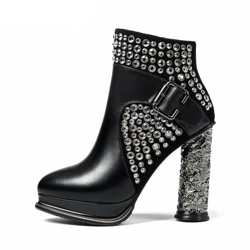 Cow leather Women Ankle Boots supe High Heeled Autumn Winter Wedding Party Shoes Woman rivets Dancing Shoes