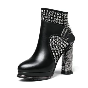 Cow leather Women Ankle Boots supe High Heeled Autumn Winter Wedding Party Shoes Woman rivets Dancing Shoes