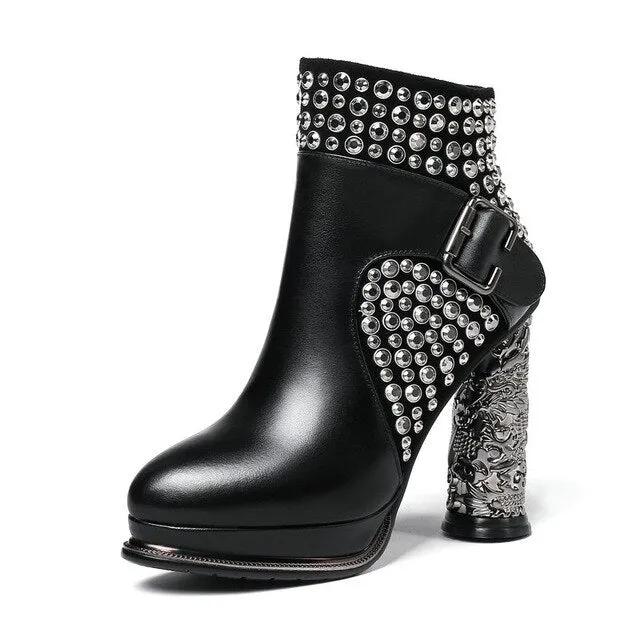 Cow leather Women Ankle Boots supe High Heeled Autumn Winter Wedding Party Shoes Woman rivets Dancing Shoes