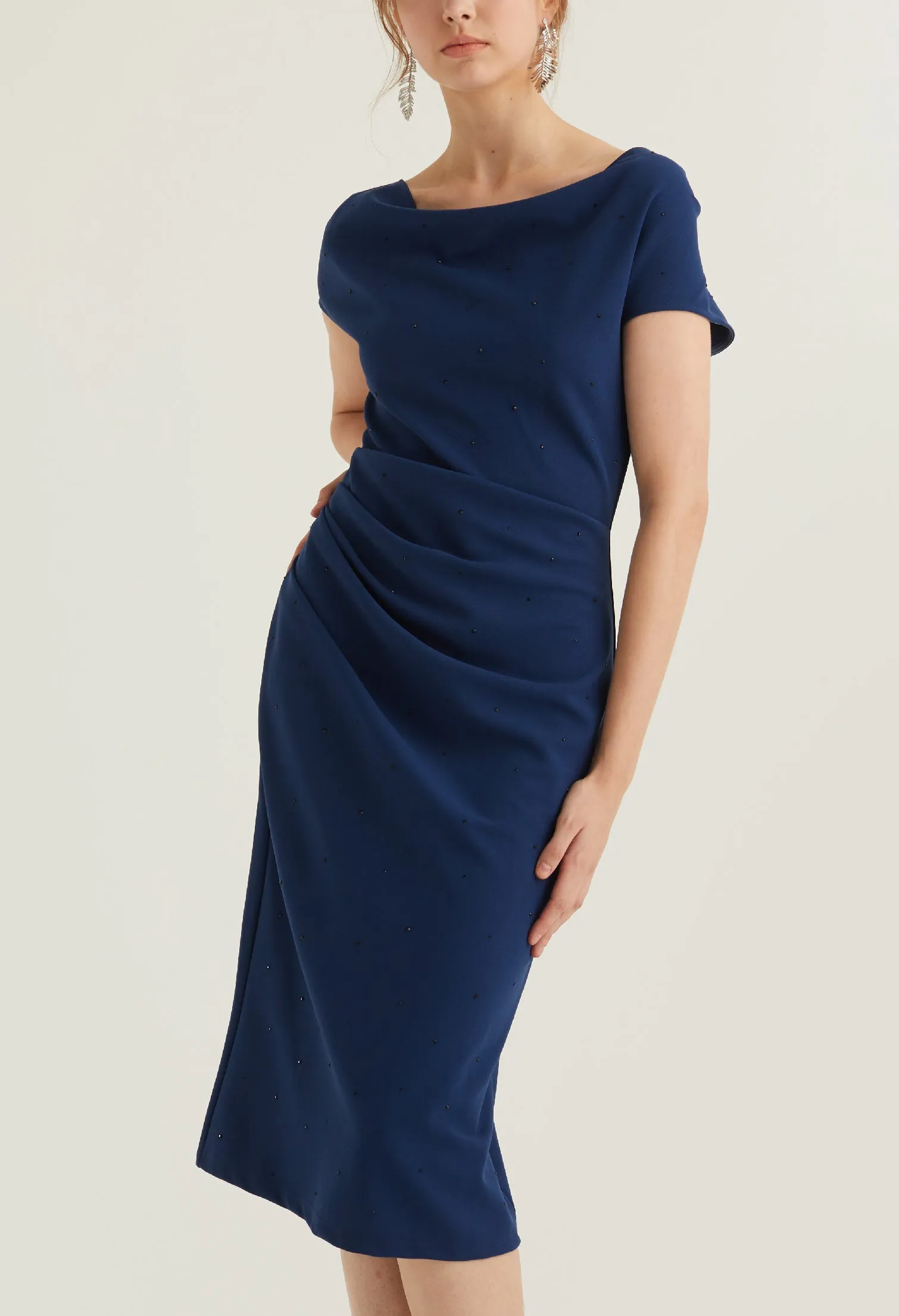 Cowl Neck Side Ruched Midi Dress