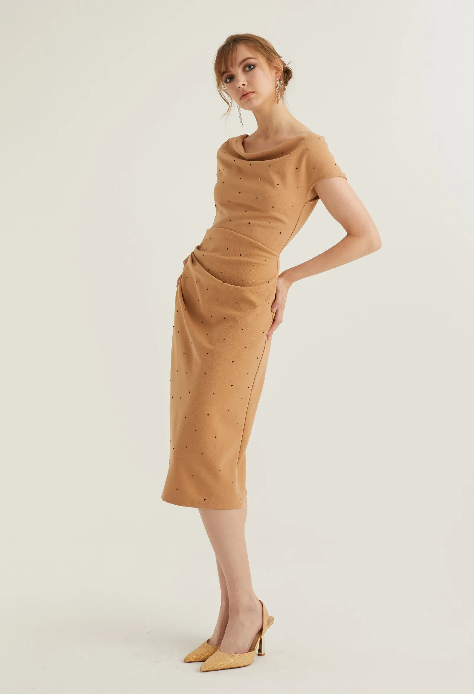 Cowl Neck Side Ruched Midi Dress