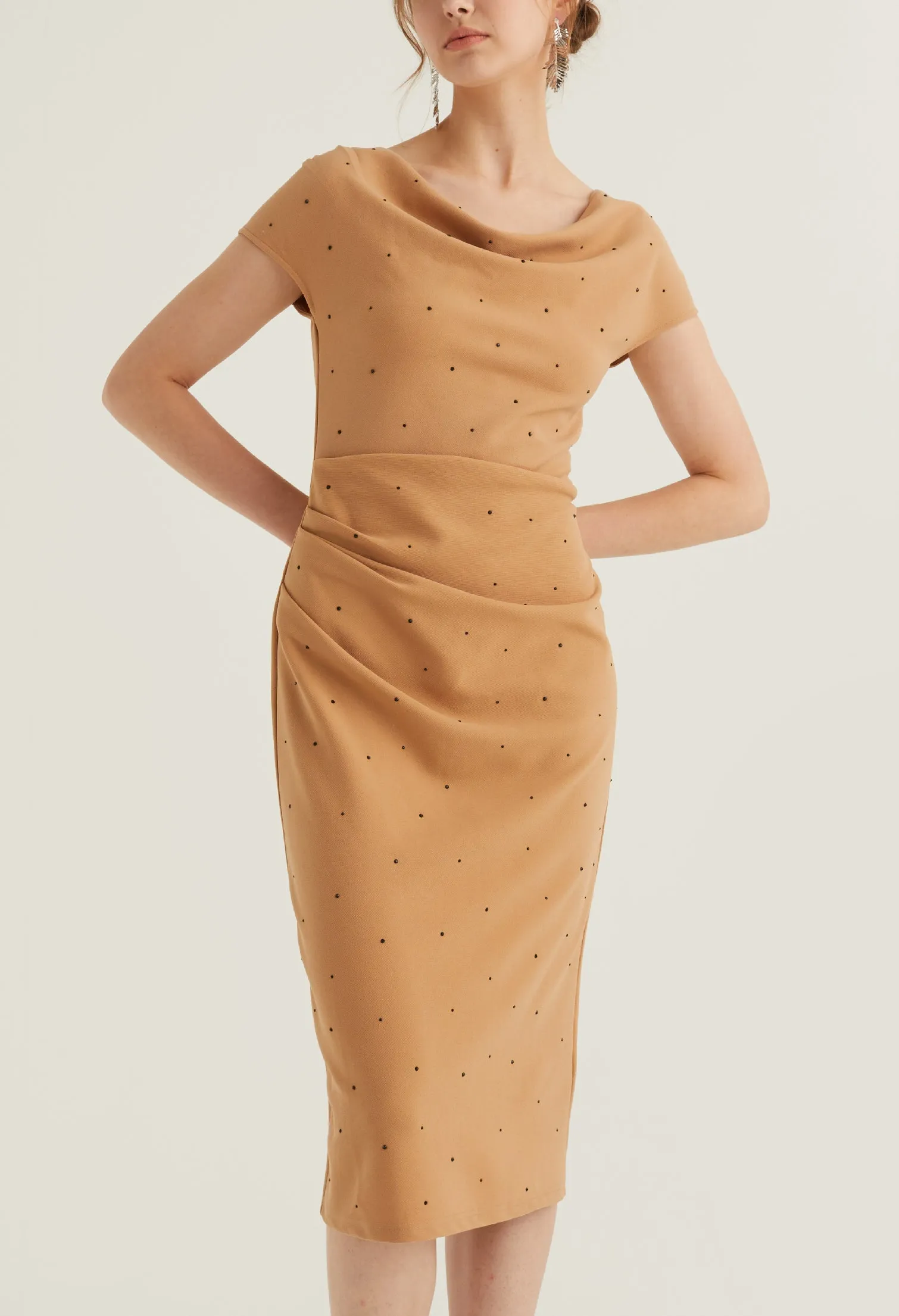Cowl Neck Side Ruched Midi Dress