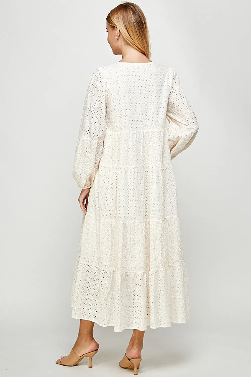 Cream Eyelet Lace Tiered Midi Dress