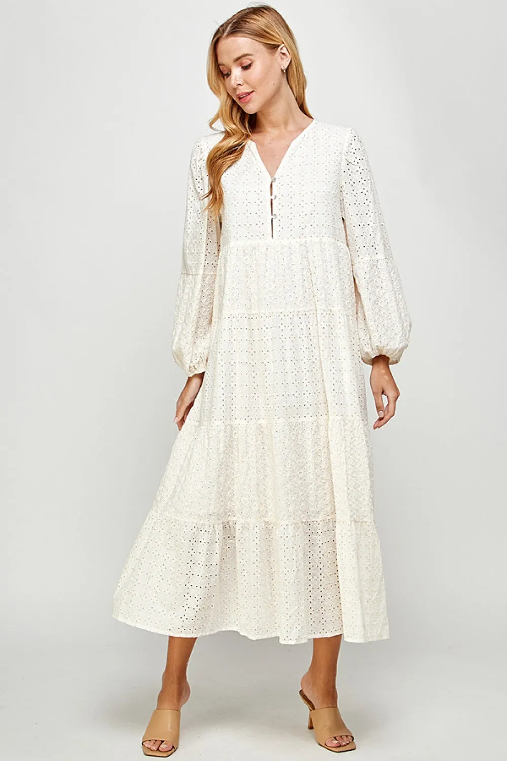 Cream Eyelet Lace Tiered Midi Dress