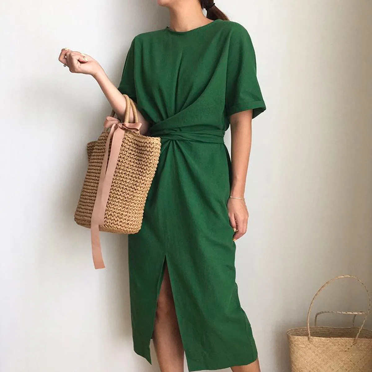 Cross Strap Split Short Sleeve Vacation Maxi Dresses