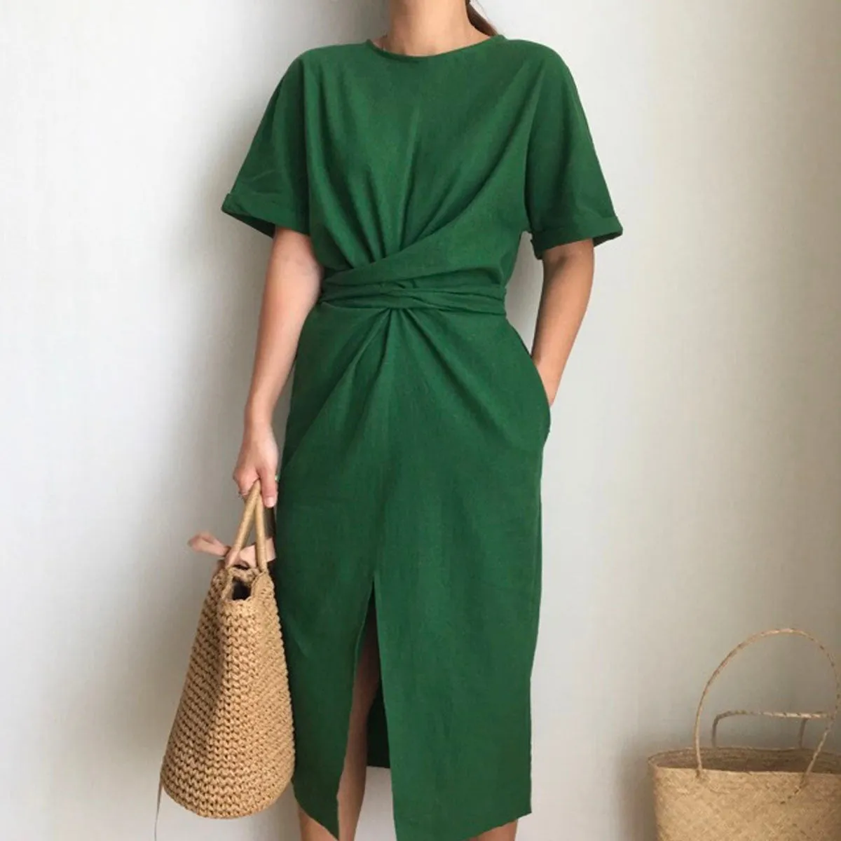 Cross Strap Split Short Sleeve Vacation Maxi Dresses