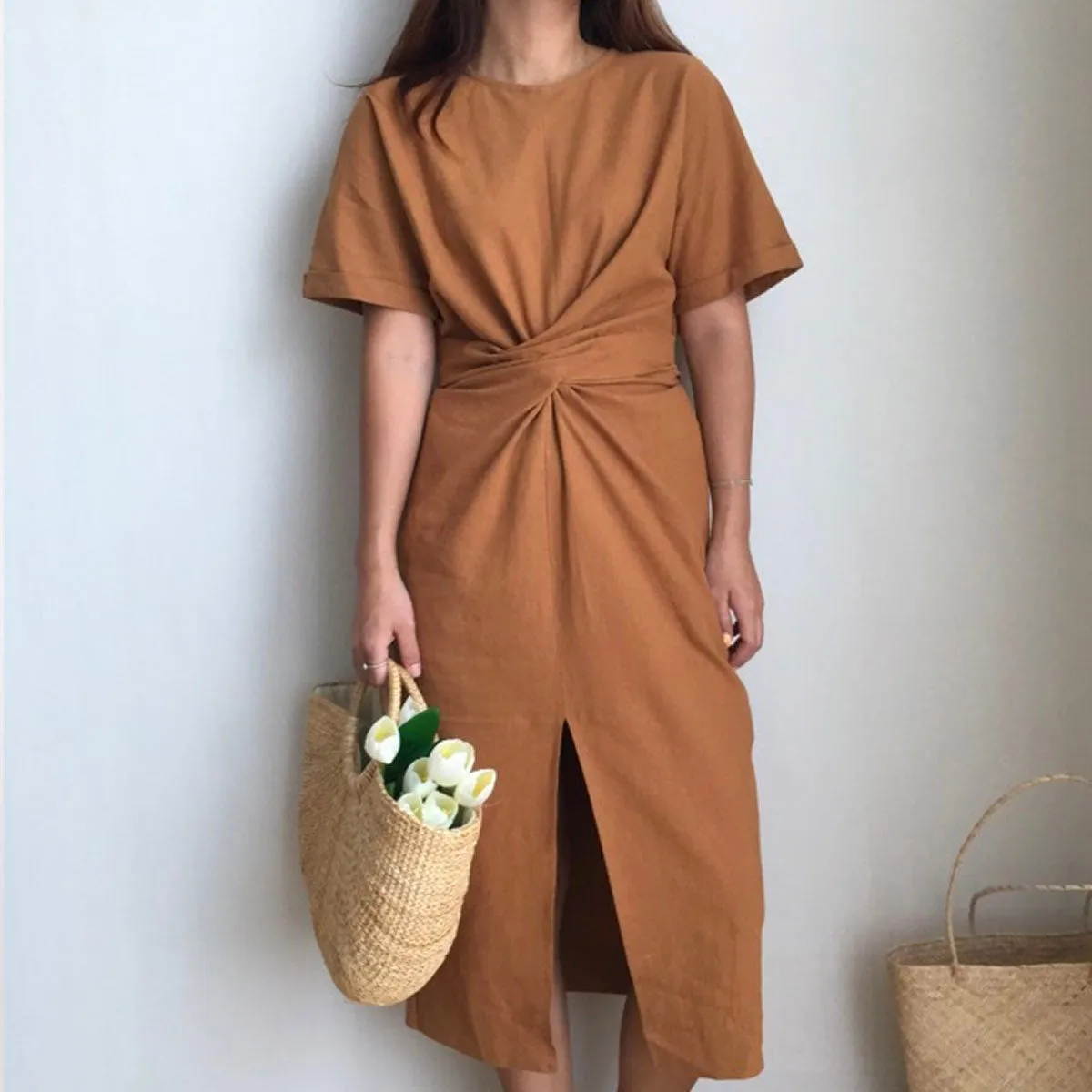 Cross Strap Split Short Sleeve Vacation Maxi Dresses