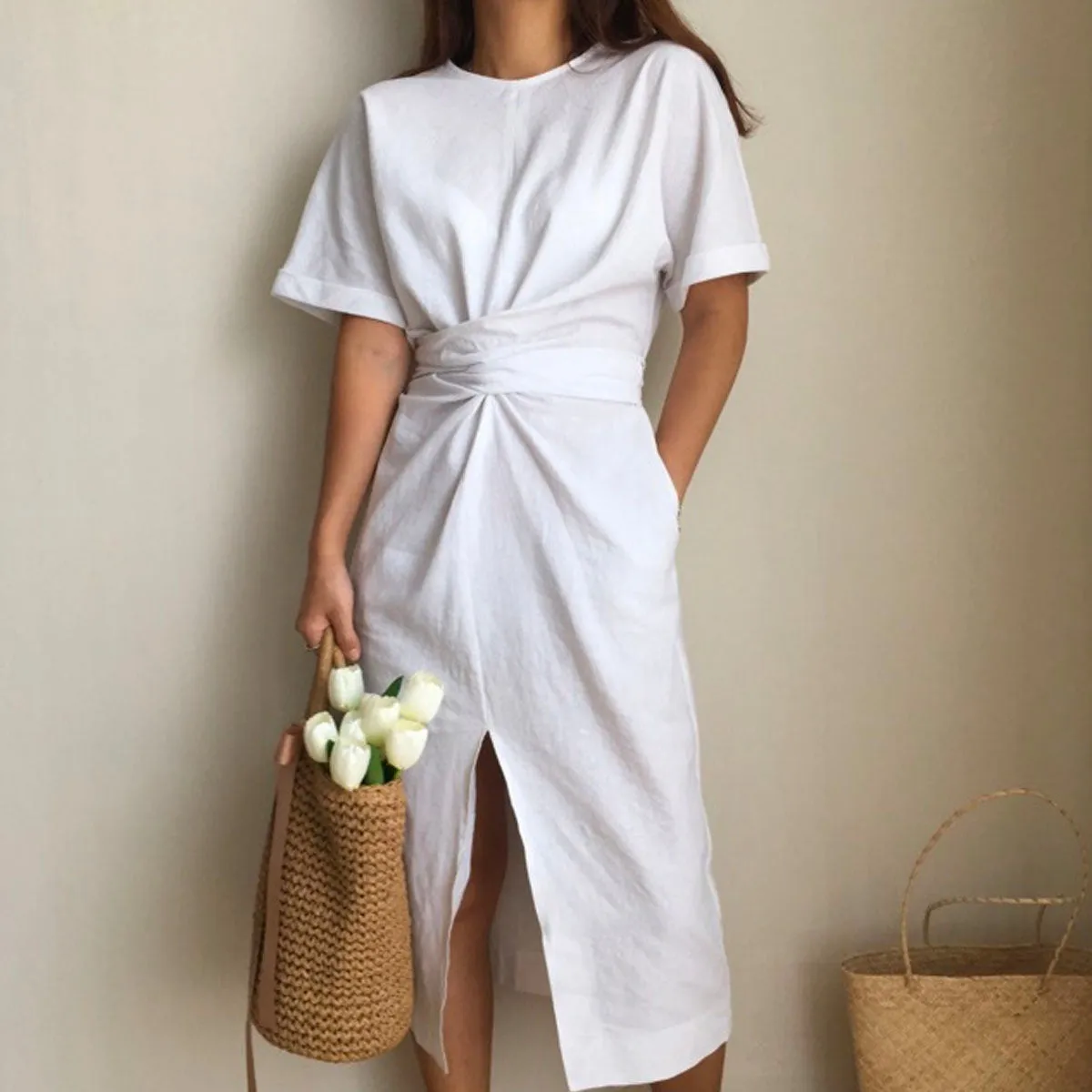 Cross Strap Split Short Sleeve Vacation Maxi Dresses