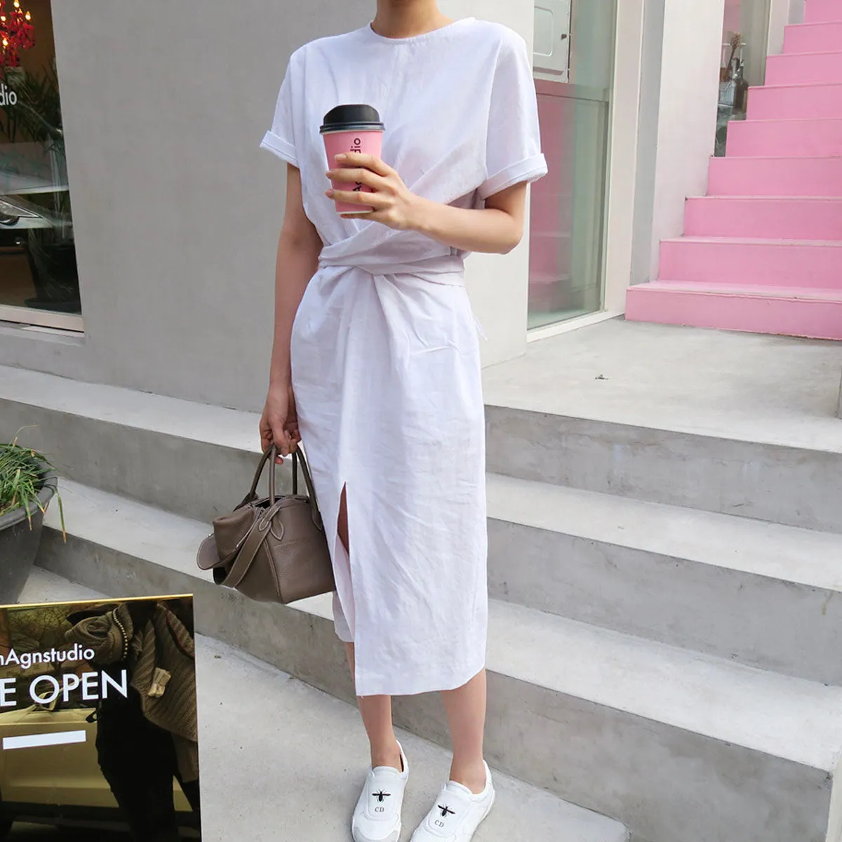 Cross Strap Split Short Sleeve Vacation Maxi Dresses